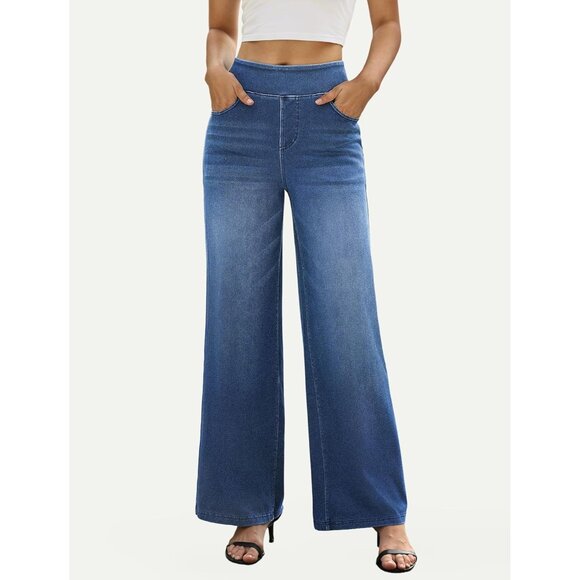Wide Leg Jeans Women High Waisted Stretchy Casual Denim Pants - Picture 5 of 7